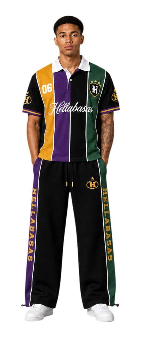 The Mardi Gras Set — Men. Soccer jersey + track pants.