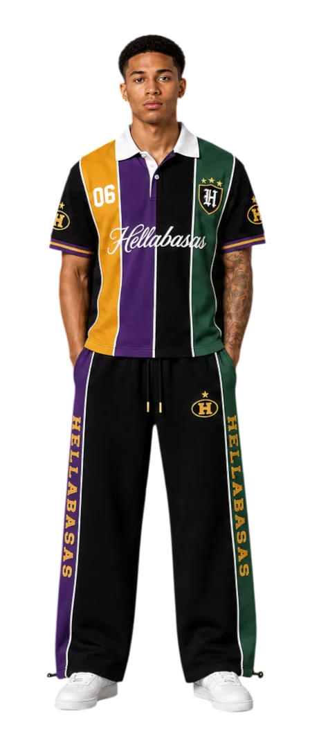 The Mardi Gras Set — Men. Soccer jersey + track pants.