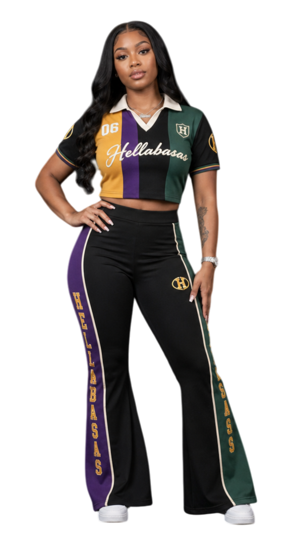 The Mardi Gras Set — Women. Soccer jersey crop + tights.