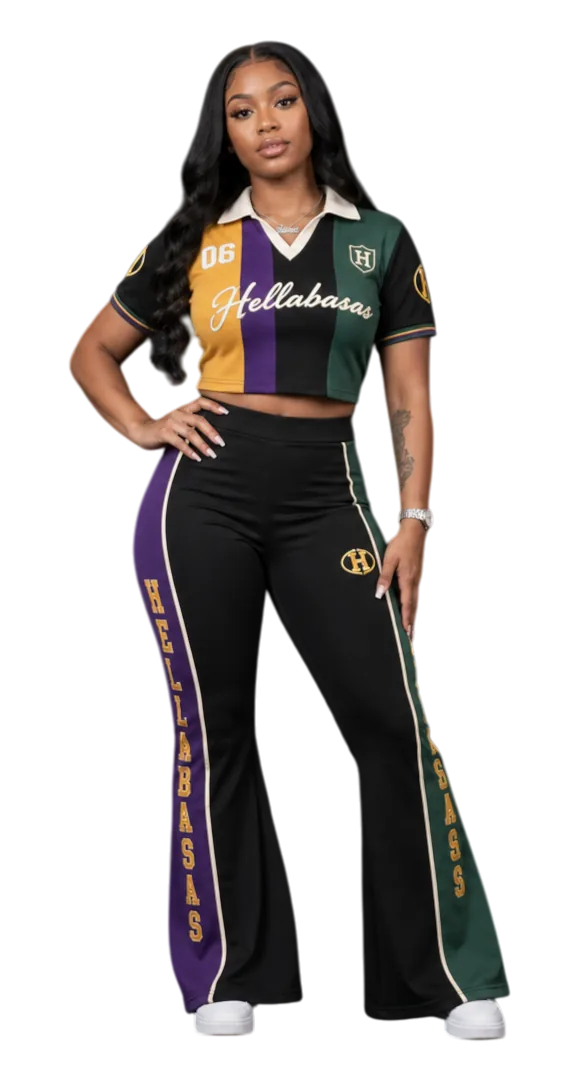 The Mardi Gras Set — Women. Soccer jersey crop + tights.